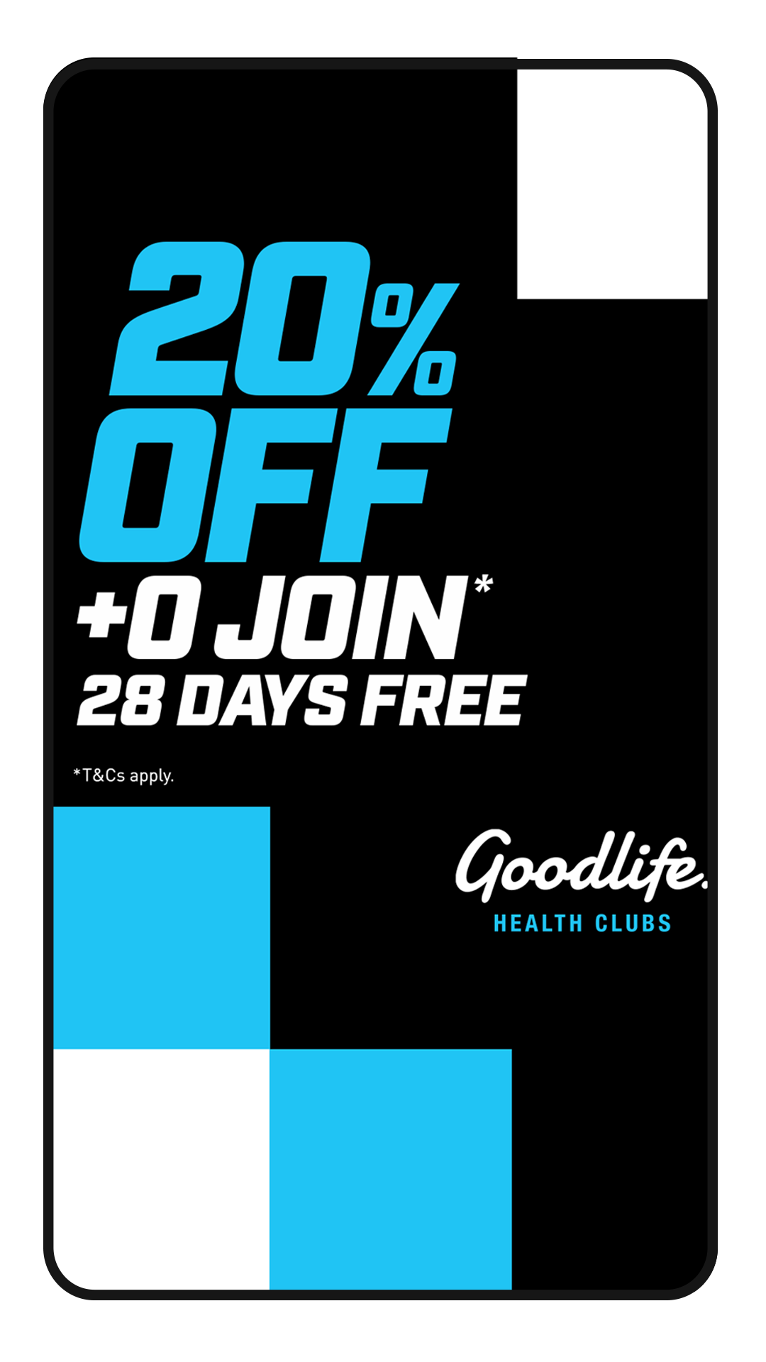 A promotional digital poster from Goodlife Health Clubs offering 20% off, plus 28 days free, and no joining fee.
