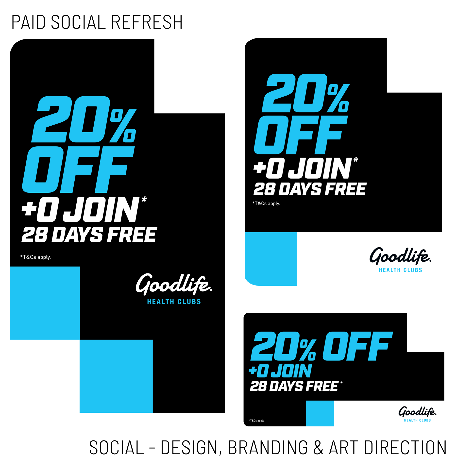Collection of promotional banners and labels for Goodlife Health Clubs offering 20% off, free 28-day trial, and membership join bonus.