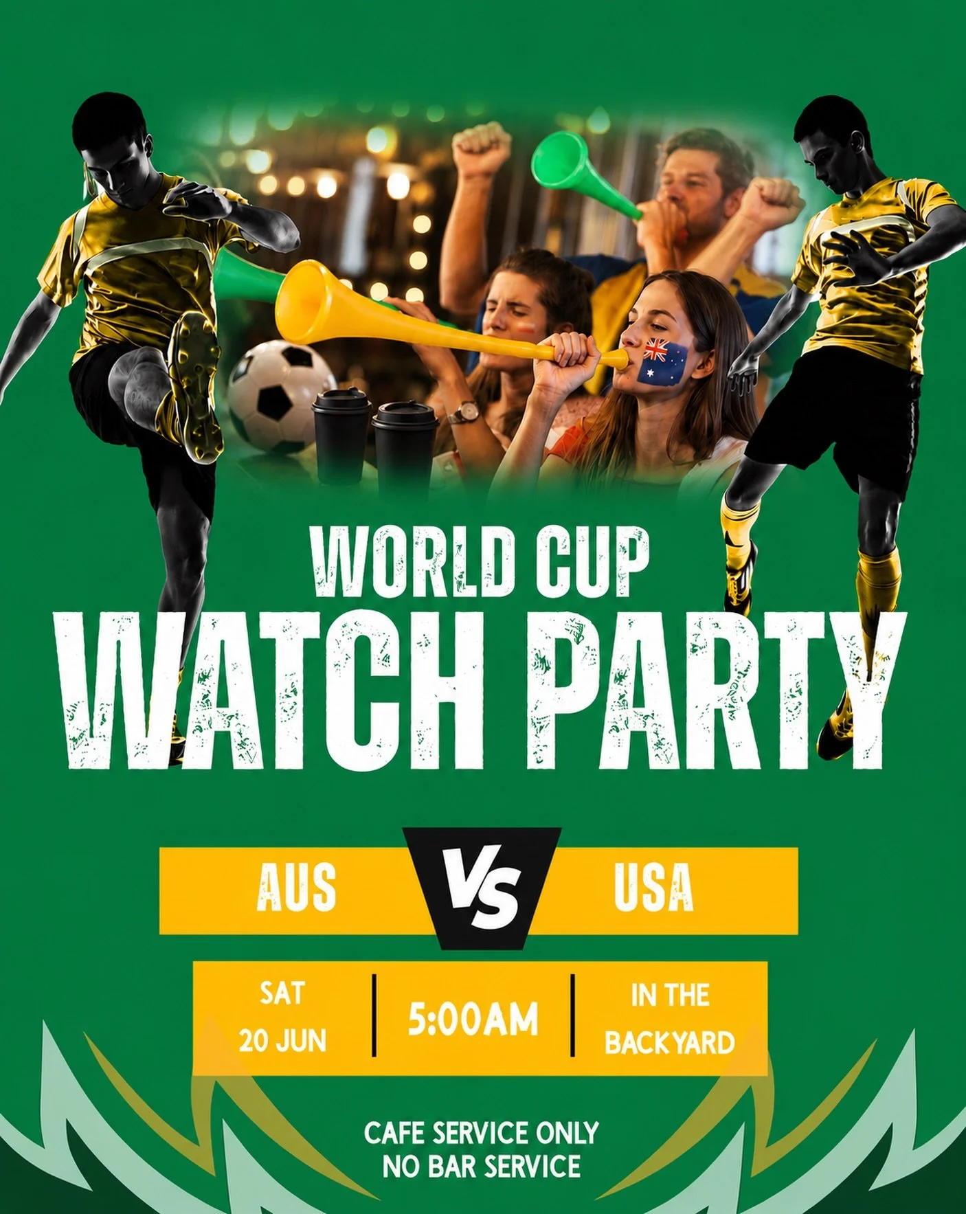 ⚽️🇦🇺 WORLD CUP WATCH PARTY 🇦🇺⚽️

The alarm clock (and our cafe staff) will be doing the heavy lifting this Saturday morning. 
Coffee flowing and heaters on from kick-off, with breaky buns and toasties available. 
Note: no bar service&hellip; it&r