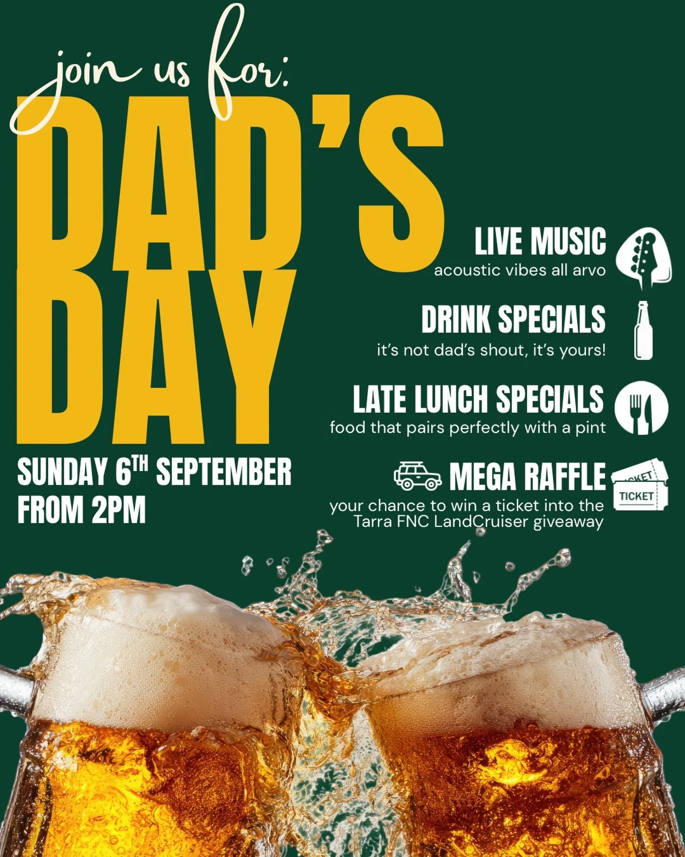 Skip the socks. Bring Dad to the bar!
Good food. Cold beers. Live tunes. And the chance to get Dad in the draw to win a shiny, new LandCruiser. 
Book via DM now.