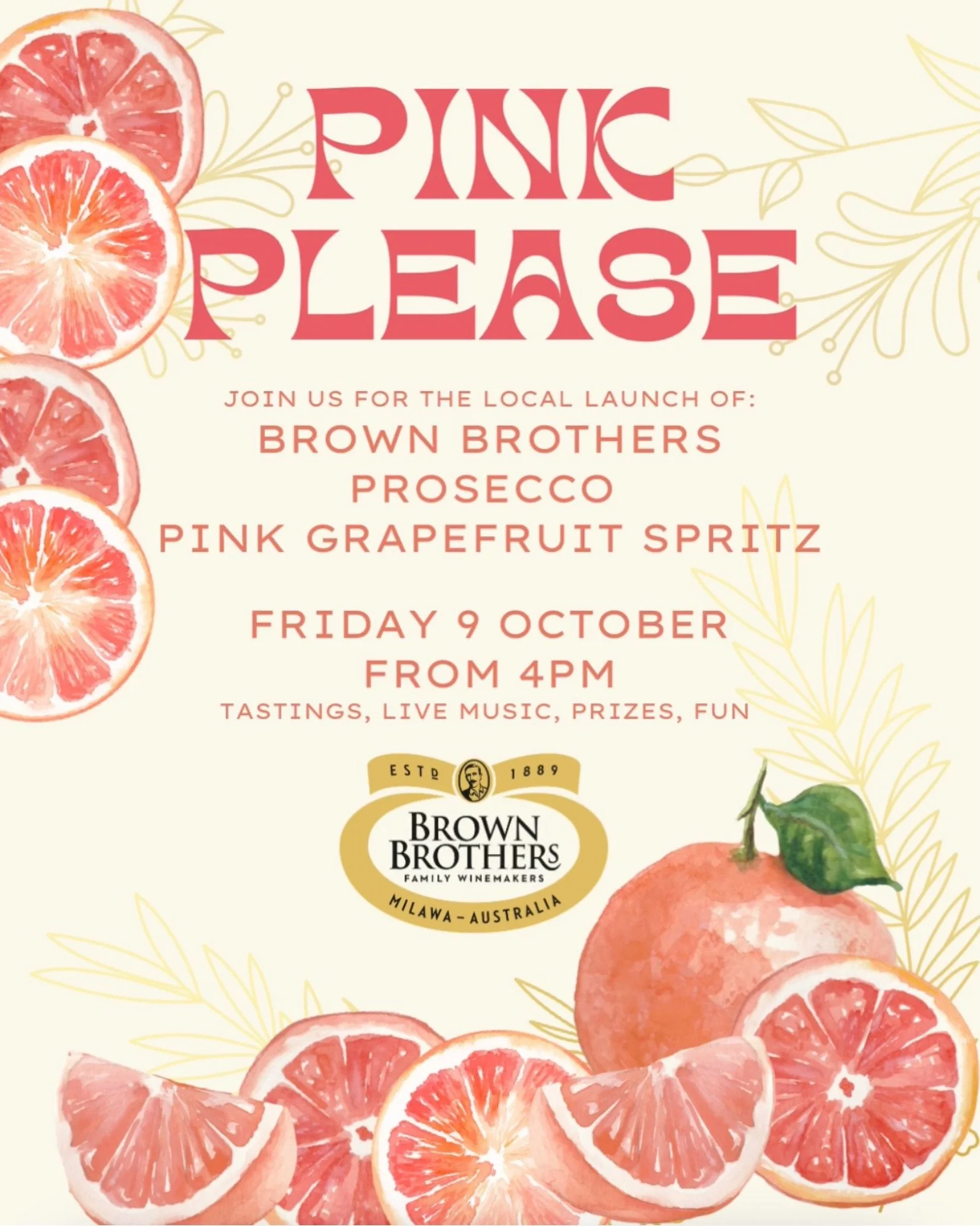 Consider this your official warning: Friday is going pink. 💖

Brown Brothers Pink Grapefruit Spritz launches locally, with us from 4pm. Juicy, bubbly and dangerously good. 

Zesty pink grapefruit. Lively Prosecco bubbles. Poured over ice. Enjoyed wi