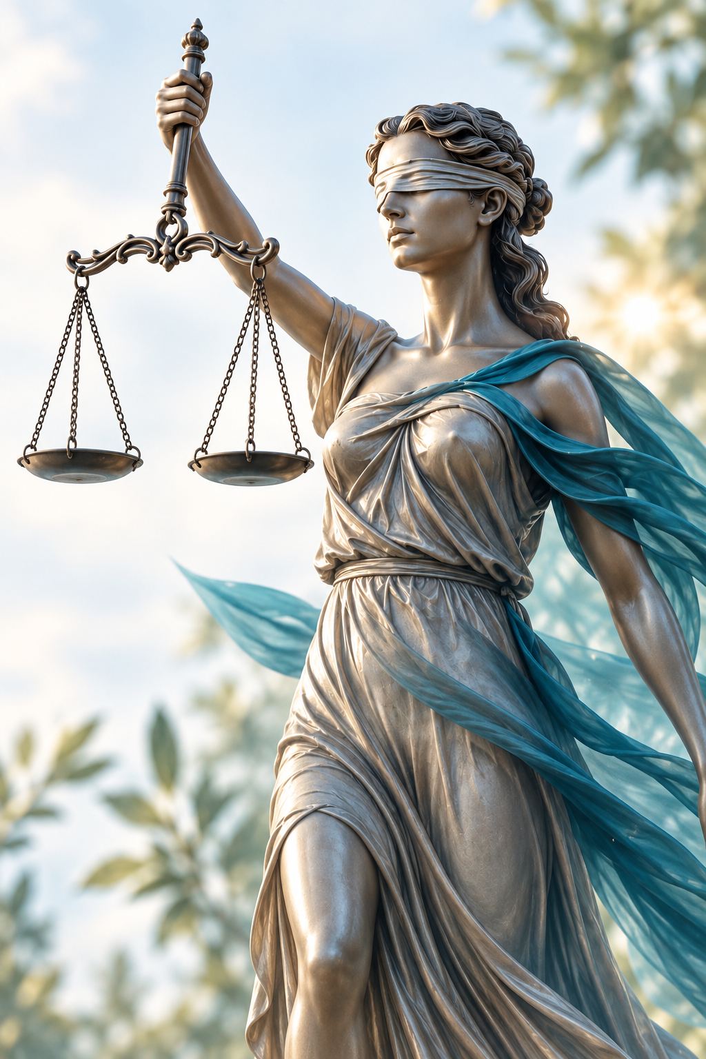 Statue of Lady Justice holding scales with a blindfold, draped in a flowing gown with a blue sash, outdoors with trees and sky in the background.
