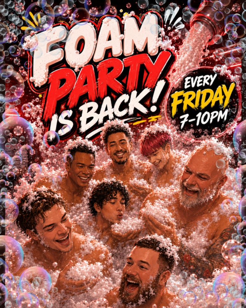Foam Party is Back at Sauna X Sydney. Anime-style illustration of a group of men laughing and covered in bubbles and foam in a steam room with red neon lighting. Weekly Friday event from 7pm to 10pm.