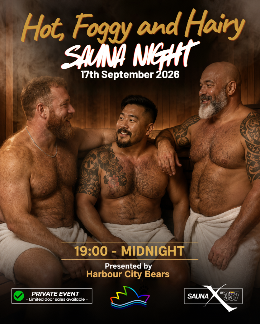 Harbour City Bears Sauna Night at Sauna X Sydney, featuring three diverse burly, hairy men in bath towels socialising in a steamy sauna. Private event on 17 September 2026, 7pm to midnight.