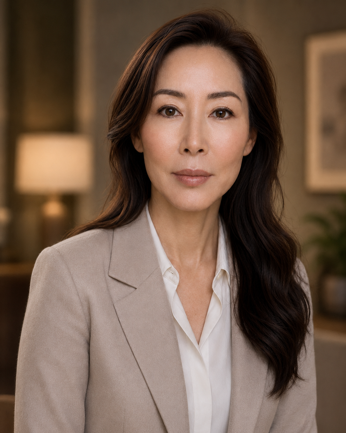 A woman with long dark hair wearing a beige blazer over a white blouse in an indoor setting with warm lighting and blurred background.
