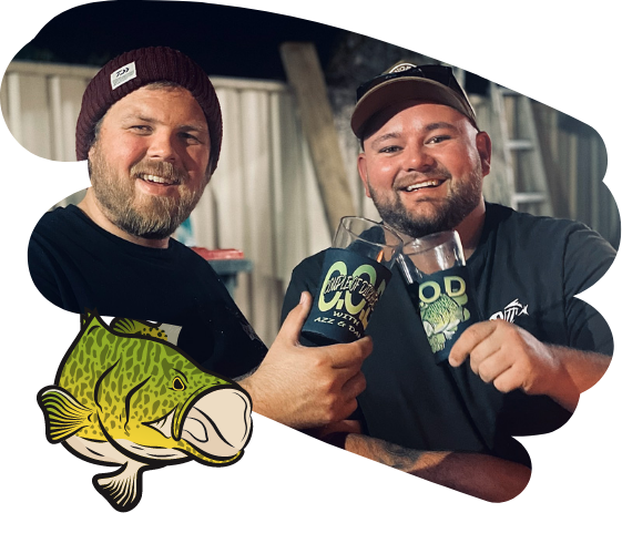 Azz and Dane holding up drinks in their stubby coolers.