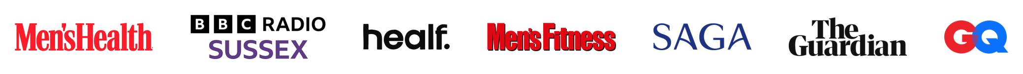 Colorful banner with logos and text for various organizations and media outlets, including Men’s Health, Sussex, BBC Radio, health.in., Men’s Fitness, NASA, and The Guardian.