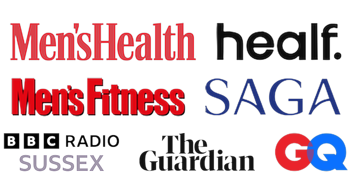 A collage of logos of Men's Health, Men's Fitness, SAGA, The Guardian, and GQ magazines, with some overlapping text.
