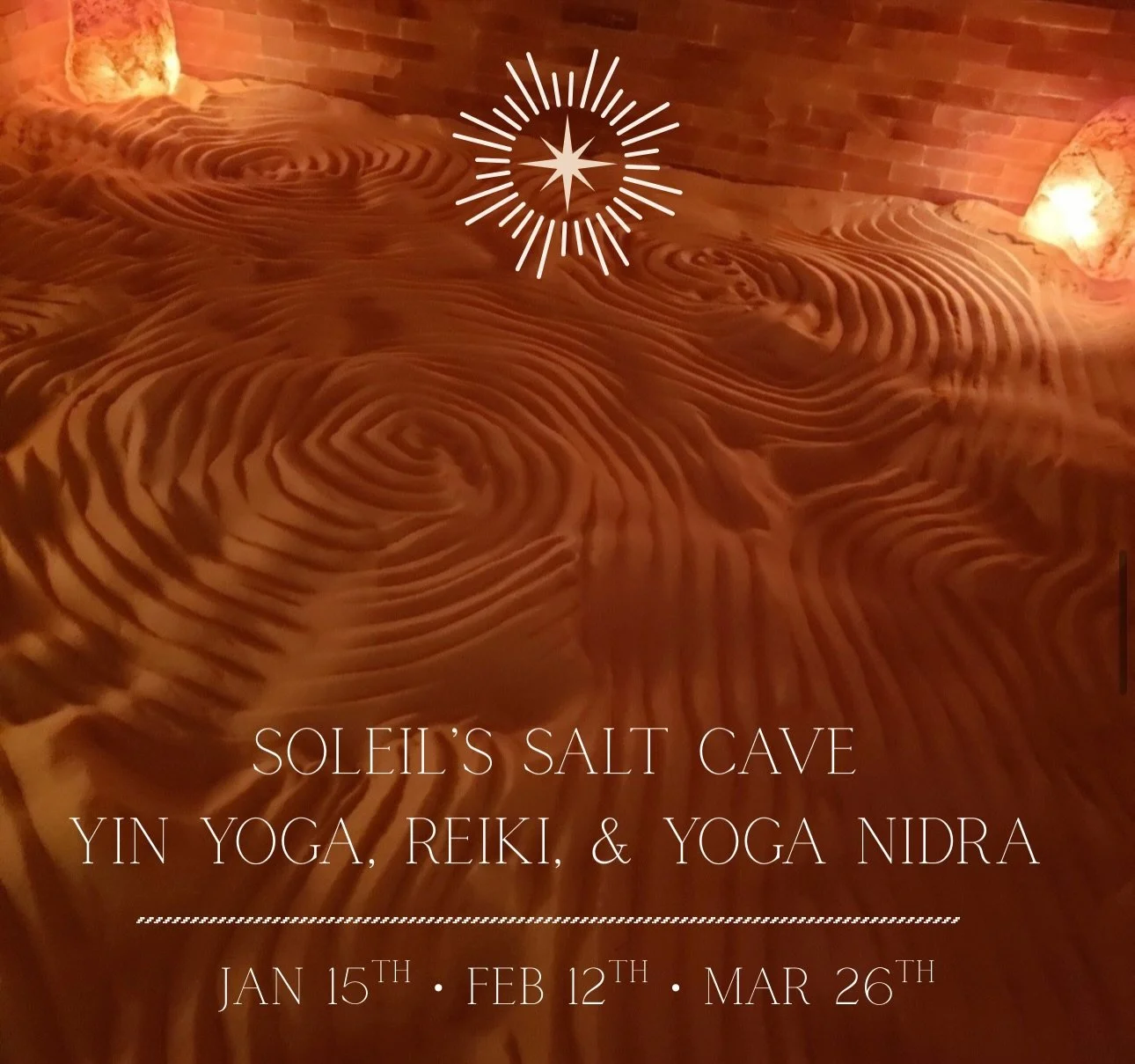 ✨Winter Experiences at Soleil&rsquo;s Salt Cave✨ 

⭐️January 15th &bull; 6 pm 
⭐️February 12th &bull; 6 pm 
⭐️March 26th &bull; 6 pm 

Join us for 90 M I N U T E S of BLISS✨
🙏One hour Gentle Yin Yoga practice with hands on assists and reiki by Jacki