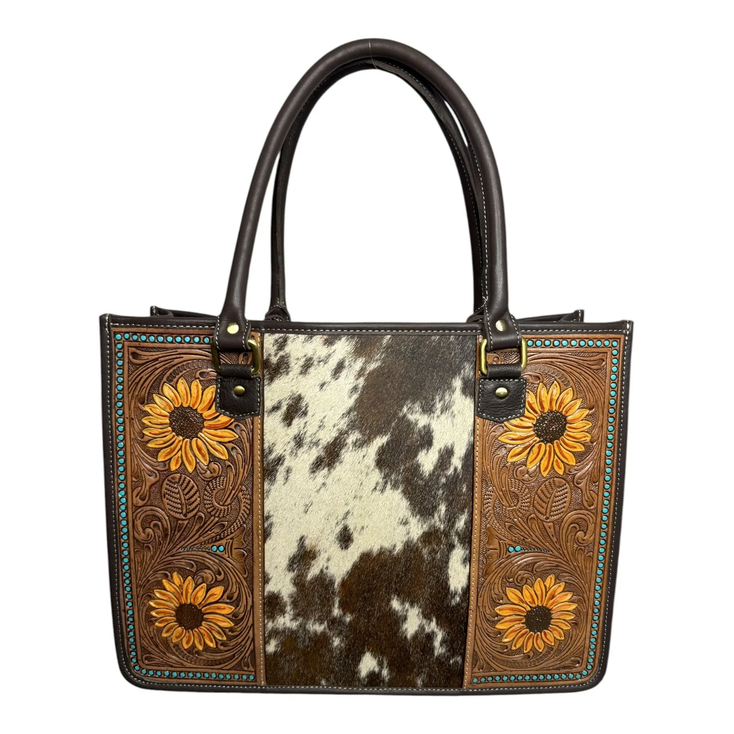 Cowhide Sunflower Tooled Leather Tote Bag Brown