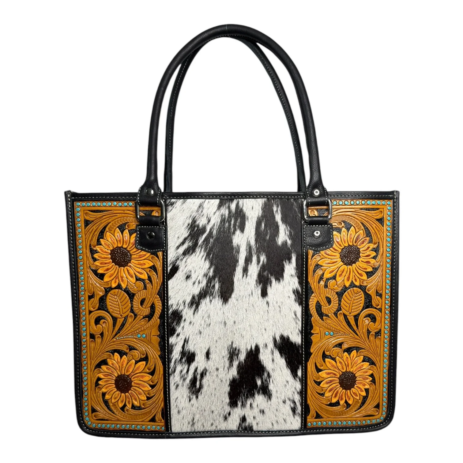 Cowhide Sunflower Tooled Leather Tote Bag Black