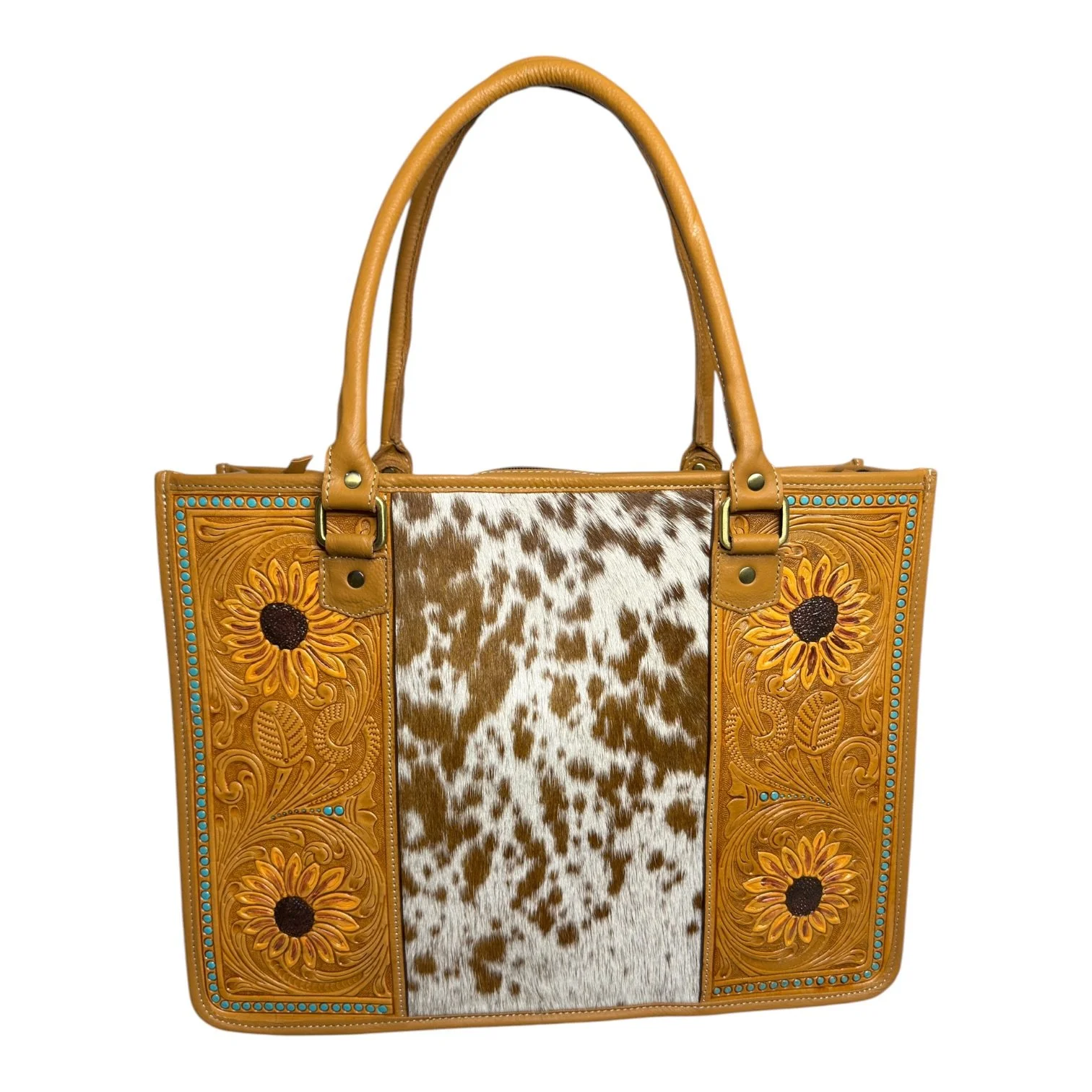 Cowhide Sunflower Tooled Leather Tote Bag Tan