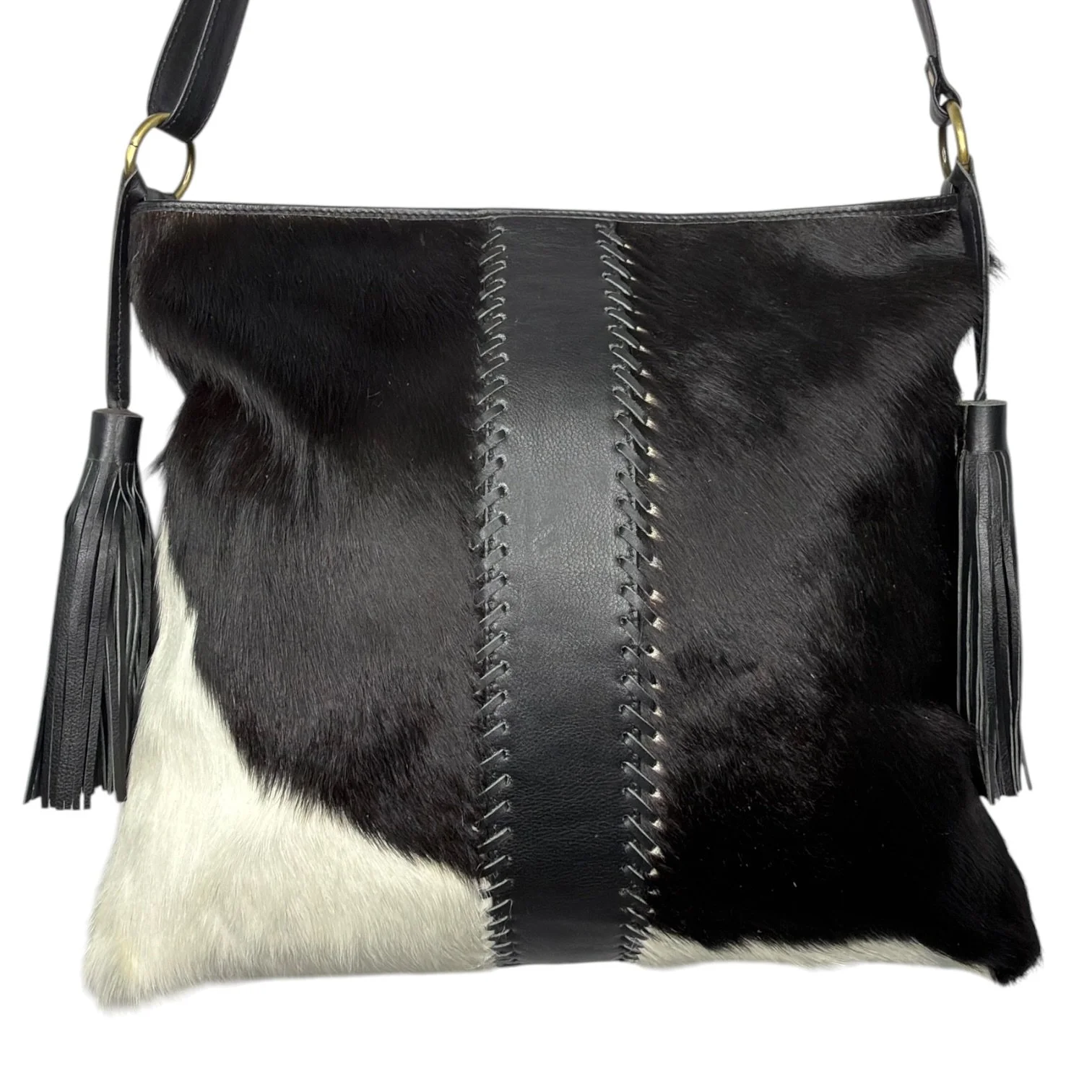Square Cowhide Tote Bag Crossbody Tan Black