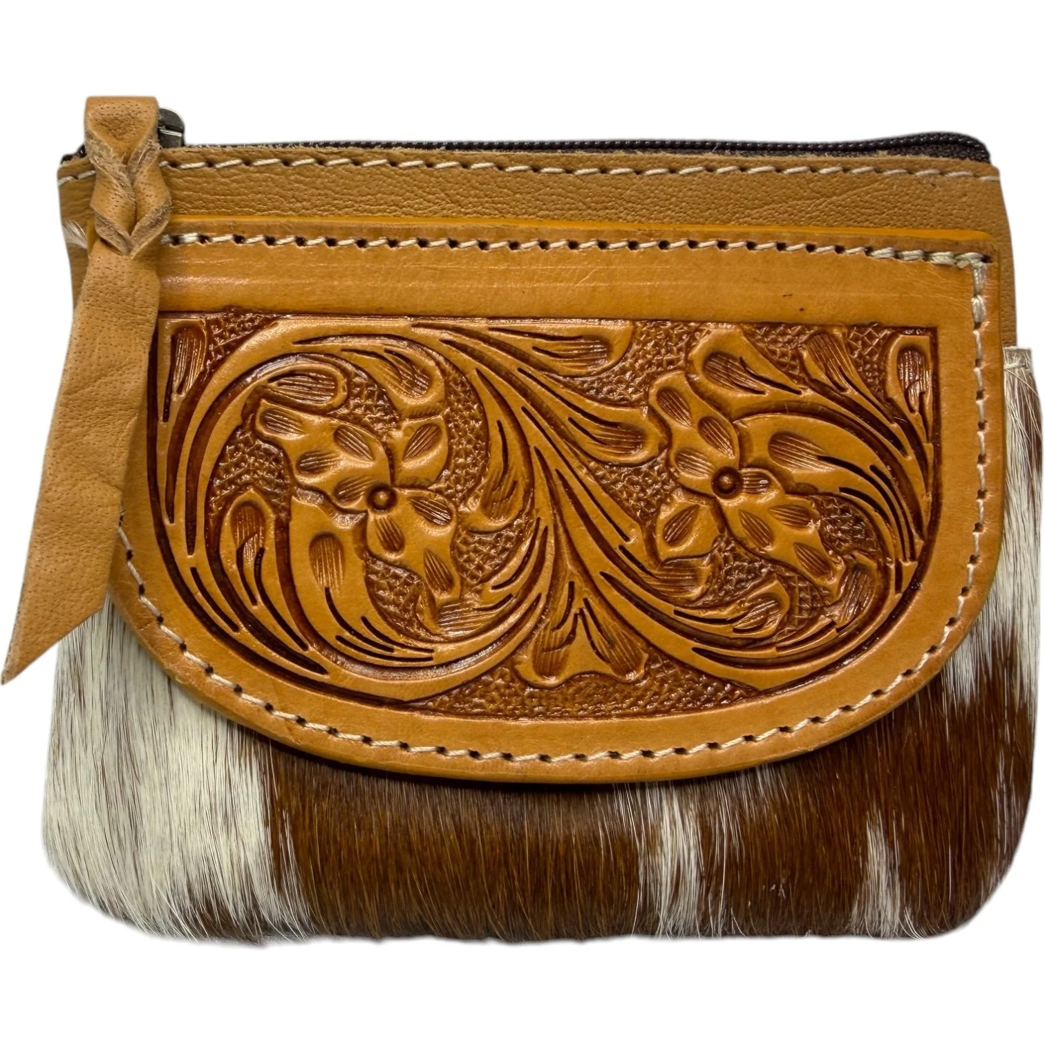 Tooled Leather Cowhide Coin Purse Tan