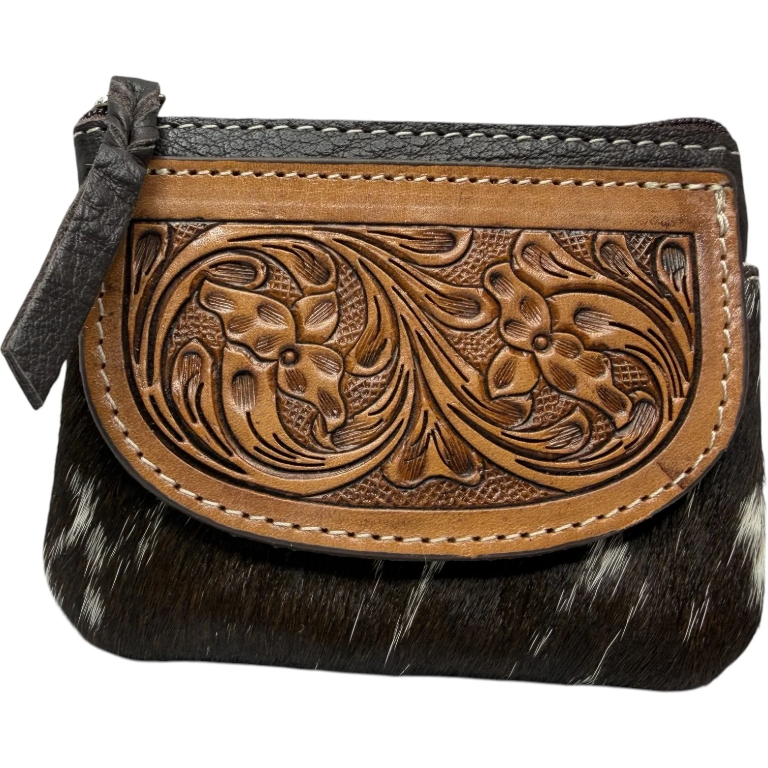 Tooled Leather Cowhide Coin Purse Brown