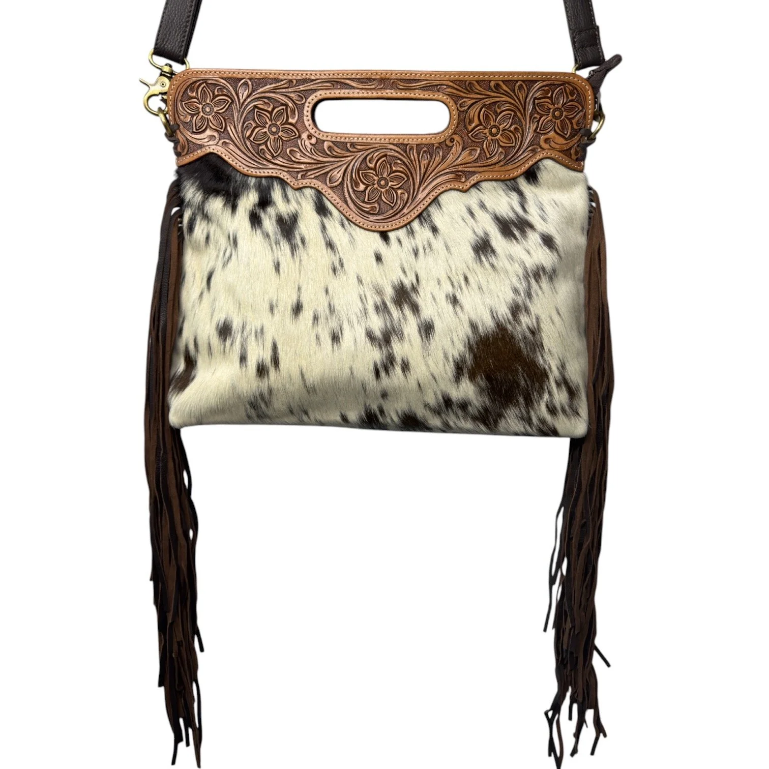 Tooled Leather Cowhide Crossbody Bag Brown