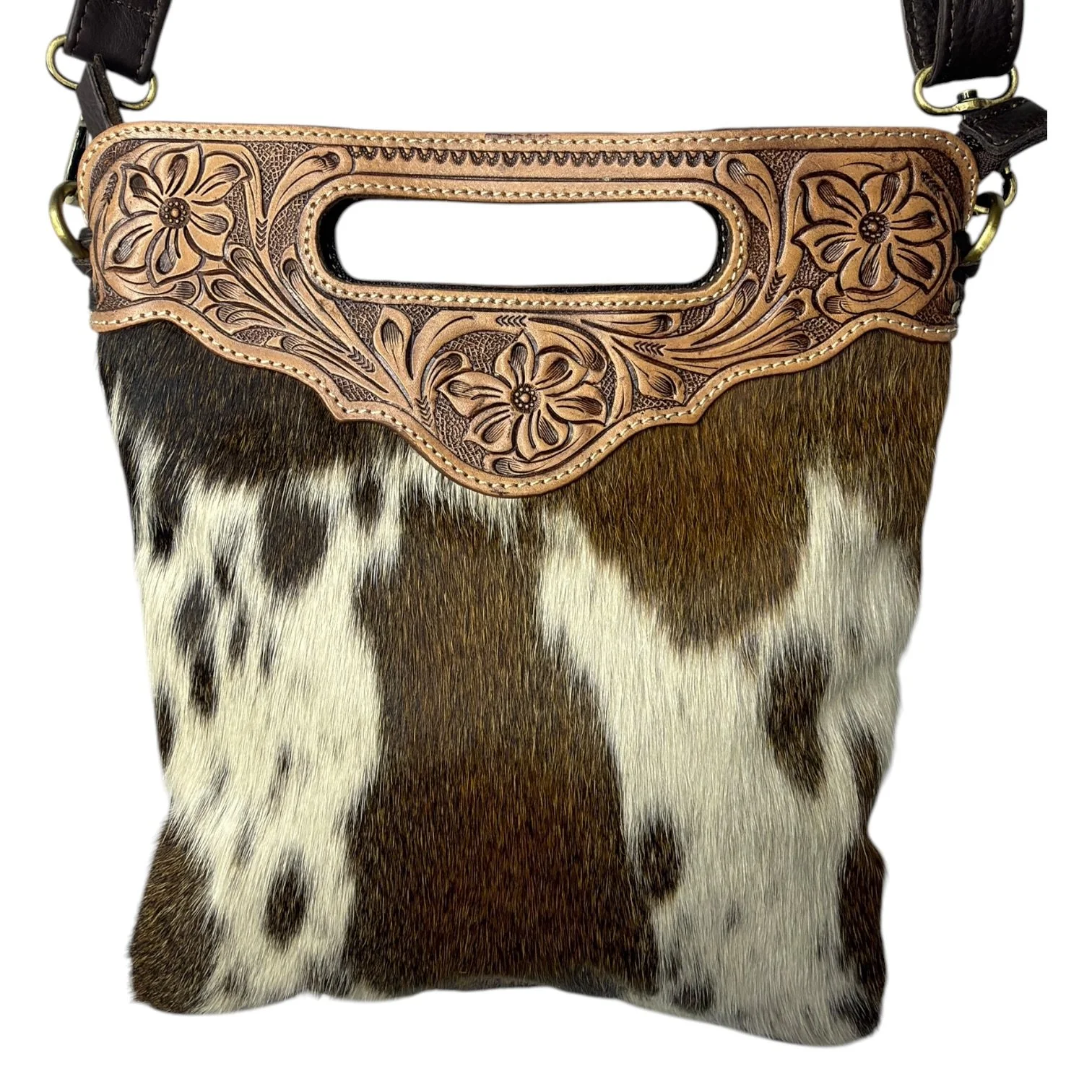 Tooled Leather Cowhide Crossbody Bag No Fringe Brown