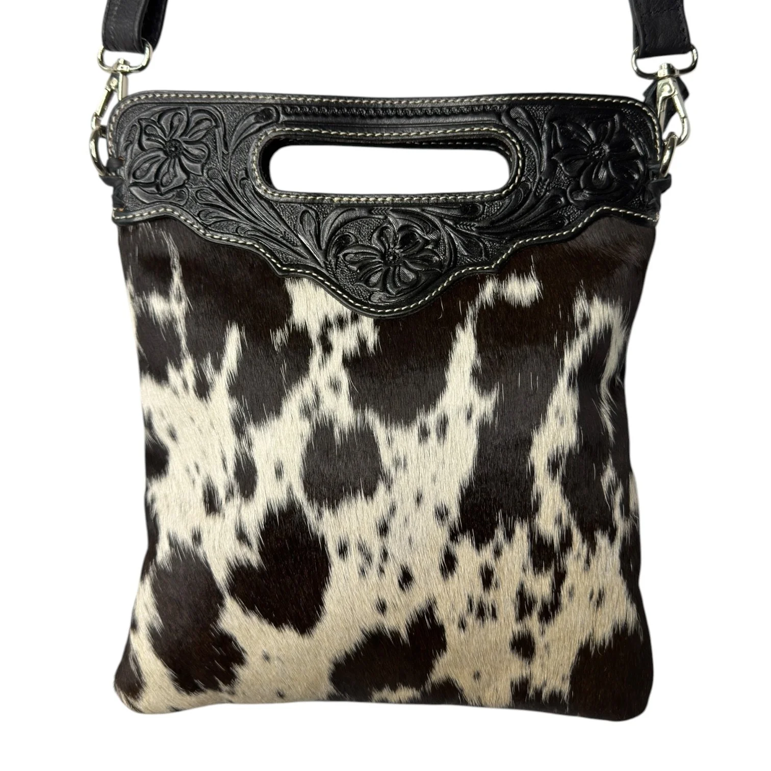 Tooled Leather Cowhide Crossbody Bag No Fringe Black