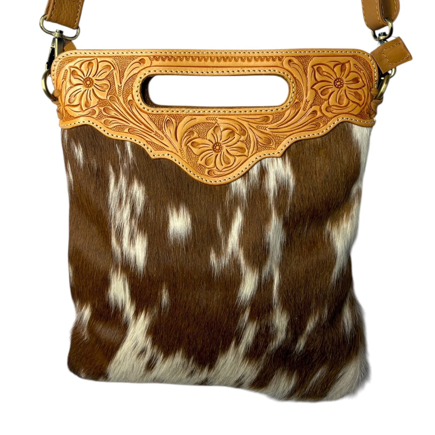 Tooled Leather Cowhide Crossbody Bag No Fringe Tan