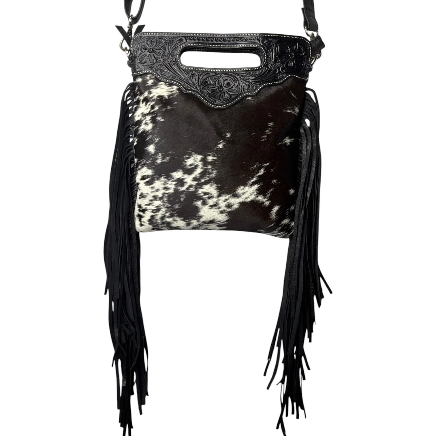 Tooled Leather Cowhide Crossbody Bag Black