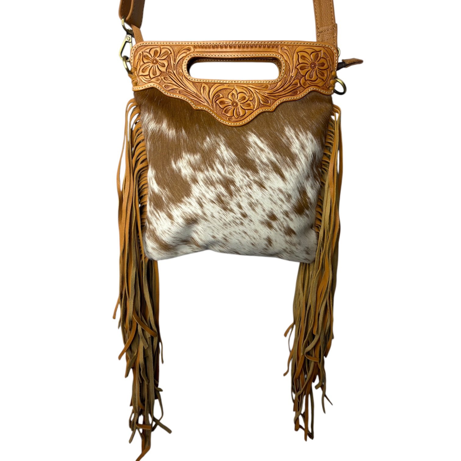 Tooled Leather Cowhide Crossbody Bag Tan