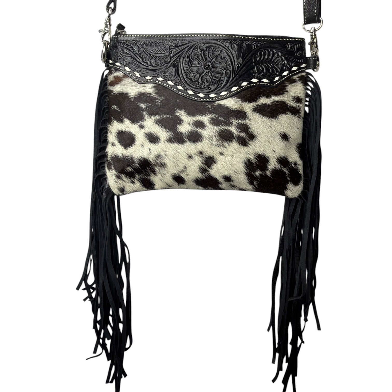 Tooled Leather Cowhide Crossbody Bag Black