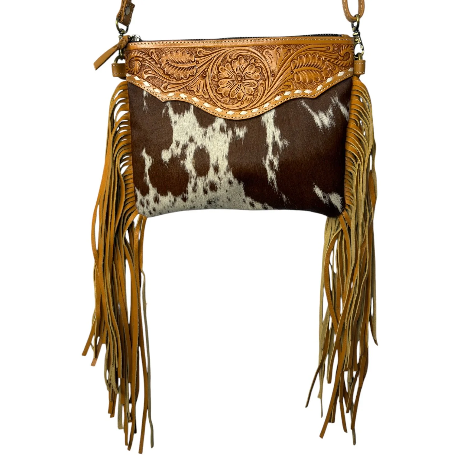 Tooled Leather Cowhide Crossbody Bag Tan