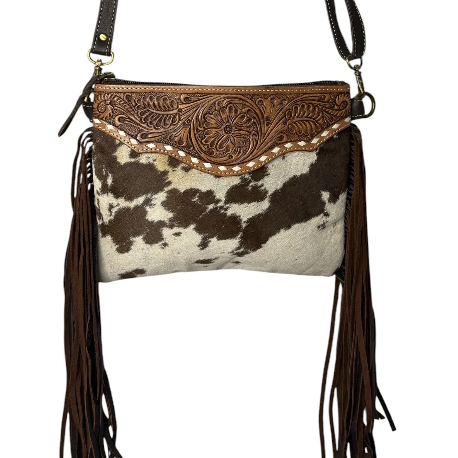 Tooled Leather Cowhide Crossbody Bag Brown
