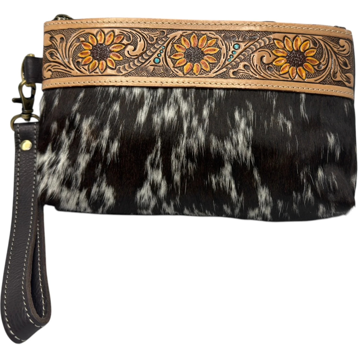 Sunflower Tooled Cowhide Clutch Brown