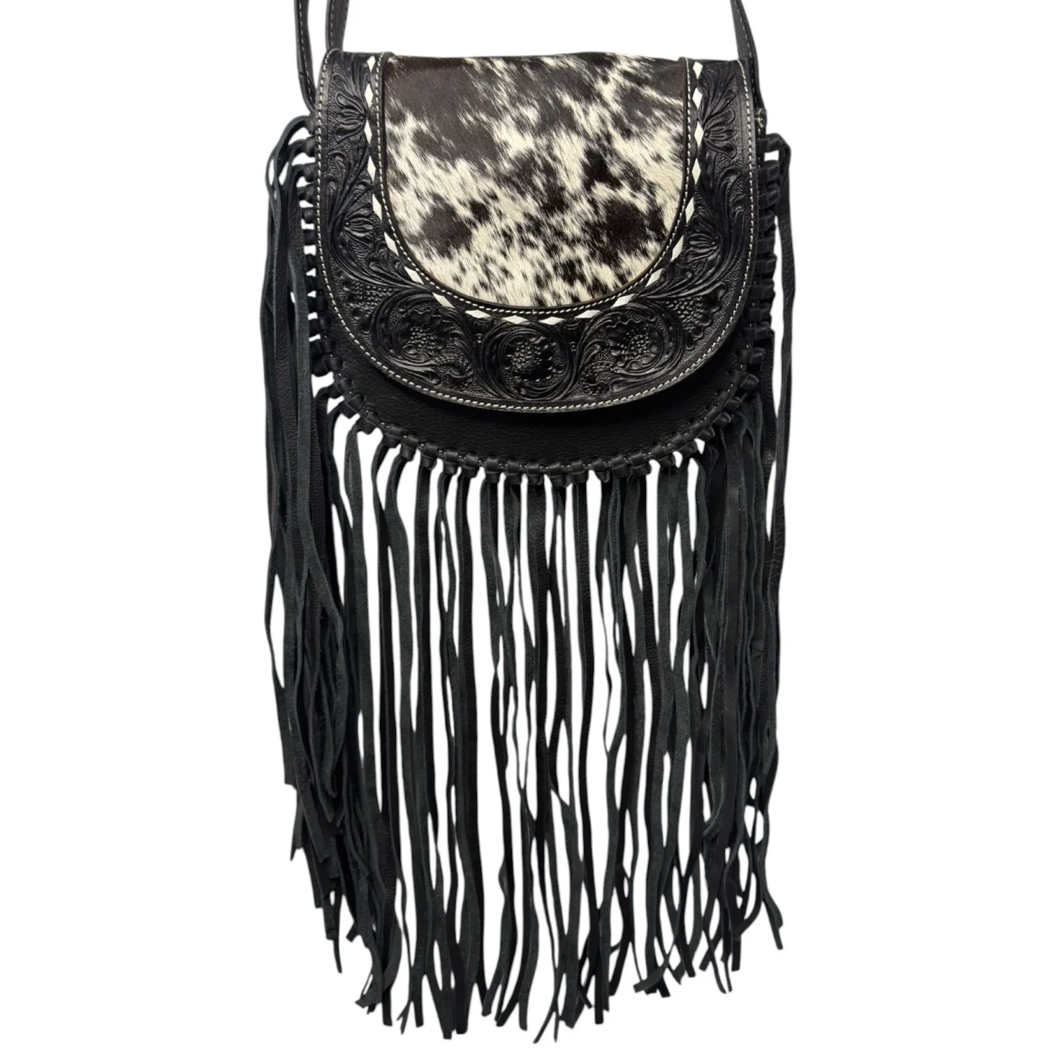 Tooled Leather Cowhide Crossbody Bag Black