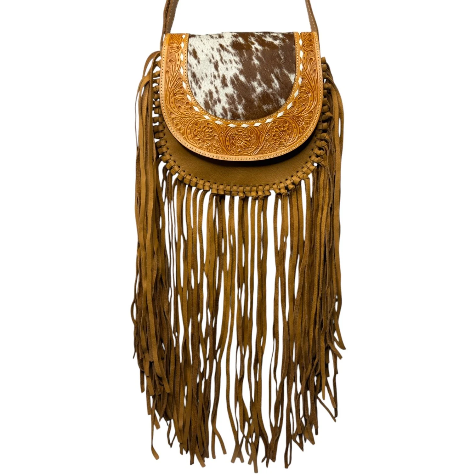 Tooled Leather Cowhide Crossbody Bag Tan