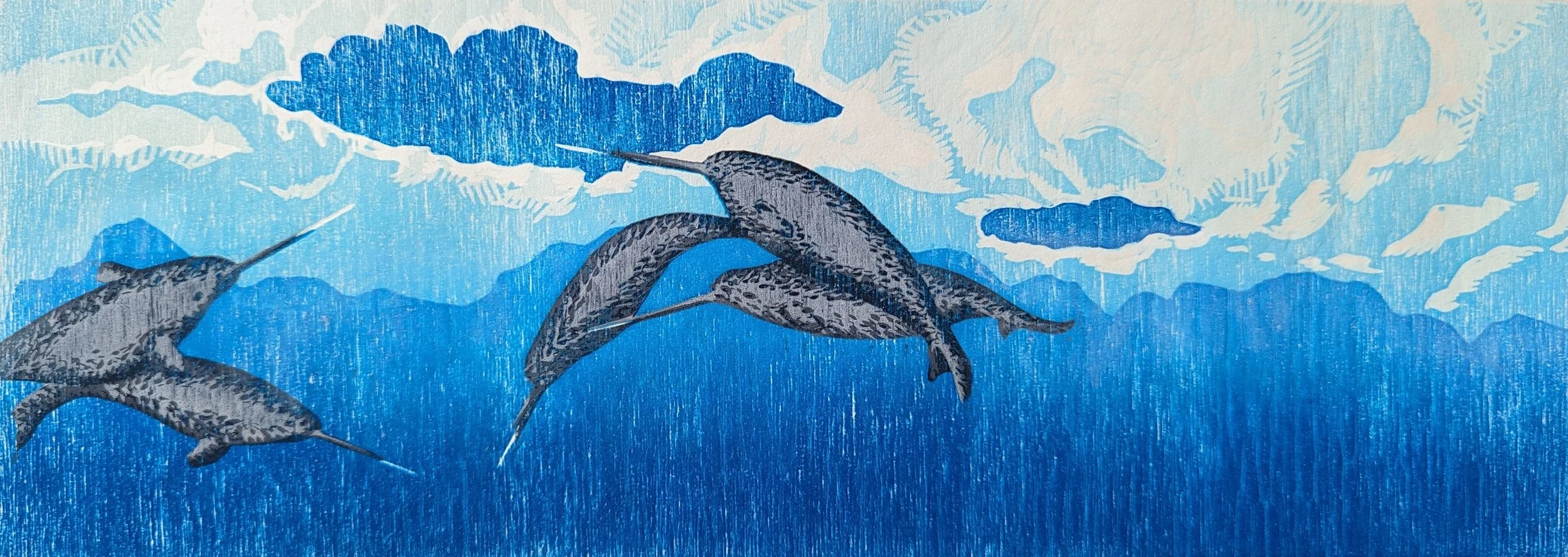 Serie: Sealife #6 I Narwhals I 2024 I Reduction woodcut I 15 x 42 cm I €190 framed, €150 unframed I Editions: 10 Available