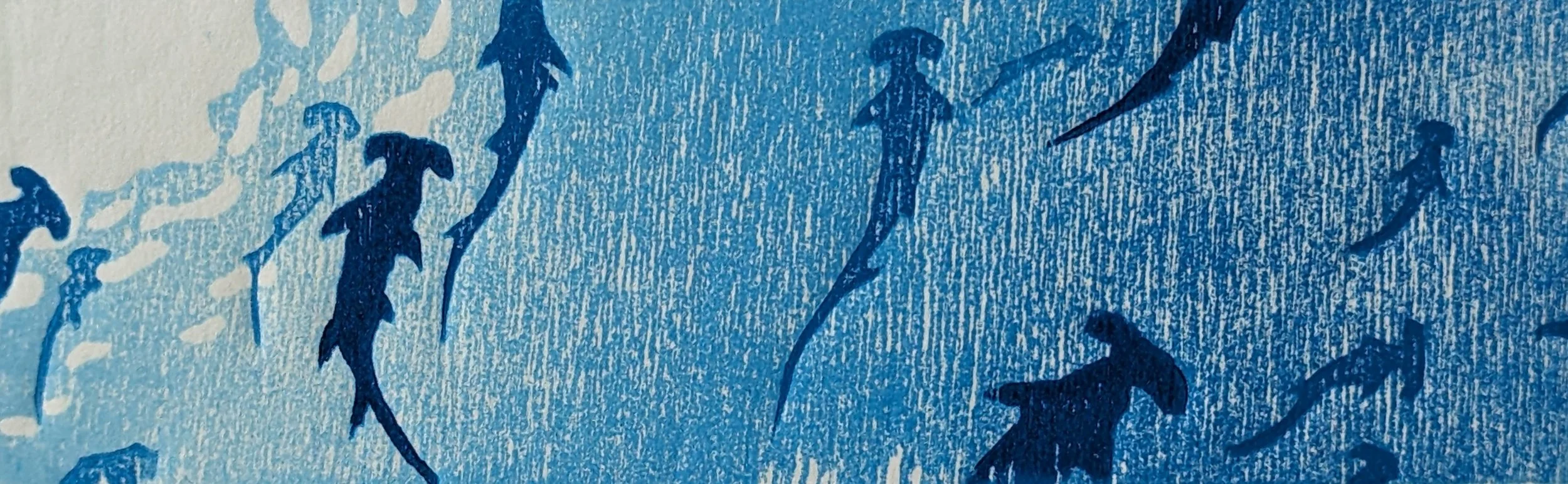 Serie: Sealife #7 I Hammerheads Silhouette I 2024 I Reduction woodcut I 4.5 x 14.5 cm I €70 framed, €35 unframed I Editions: 13 Available