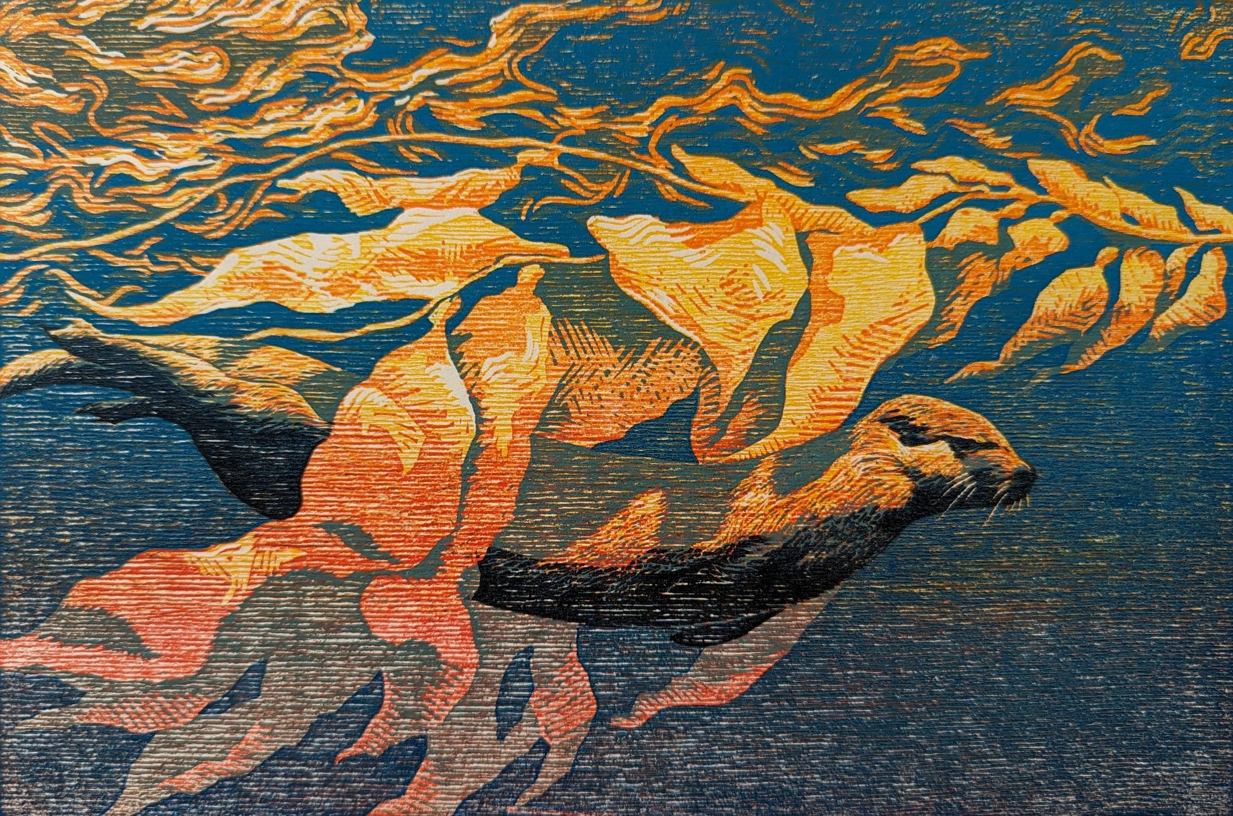 Serie: Sealife #1 I Otter in Kelp I 2023 I Reduction woodcut I 19.8 x 30 cm I €165 framed, €125 unframed I Editions: 4 Available

