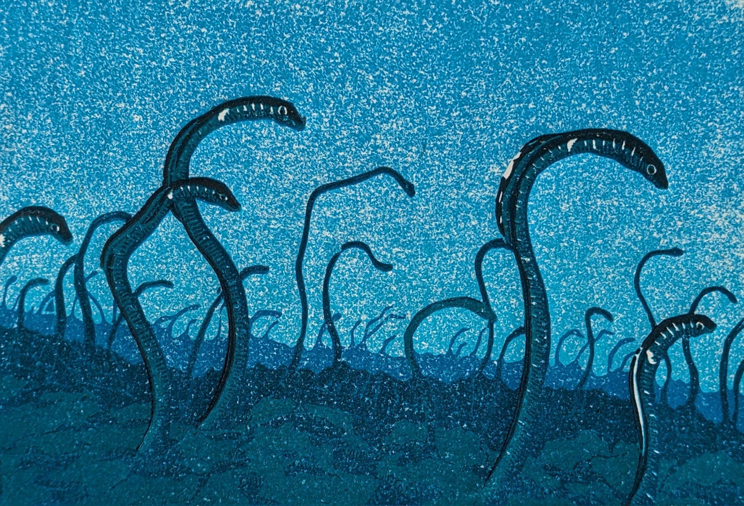 Serie: Sealife #3 I Garden Eels I 2024 I Reduction linocut I 10.4 x 15.2 cm I €100 framed, €60 unframed I Editions: 9 Available