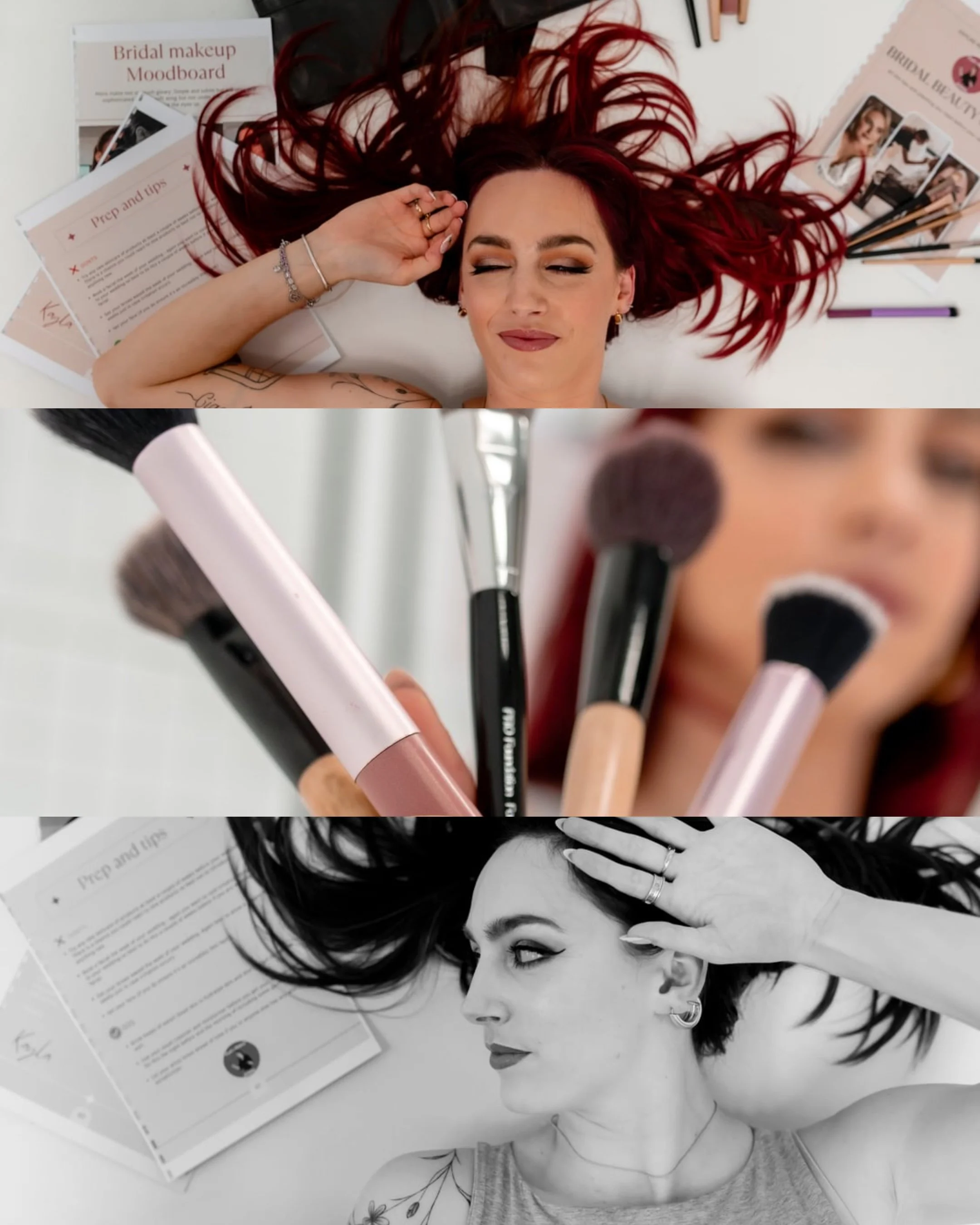A woman with red hair lying down with her eyes closed, surrounded by makeup and beauty books, including a bridal makeup mood board and prep and lips instructions, with makeup brushes nearby.