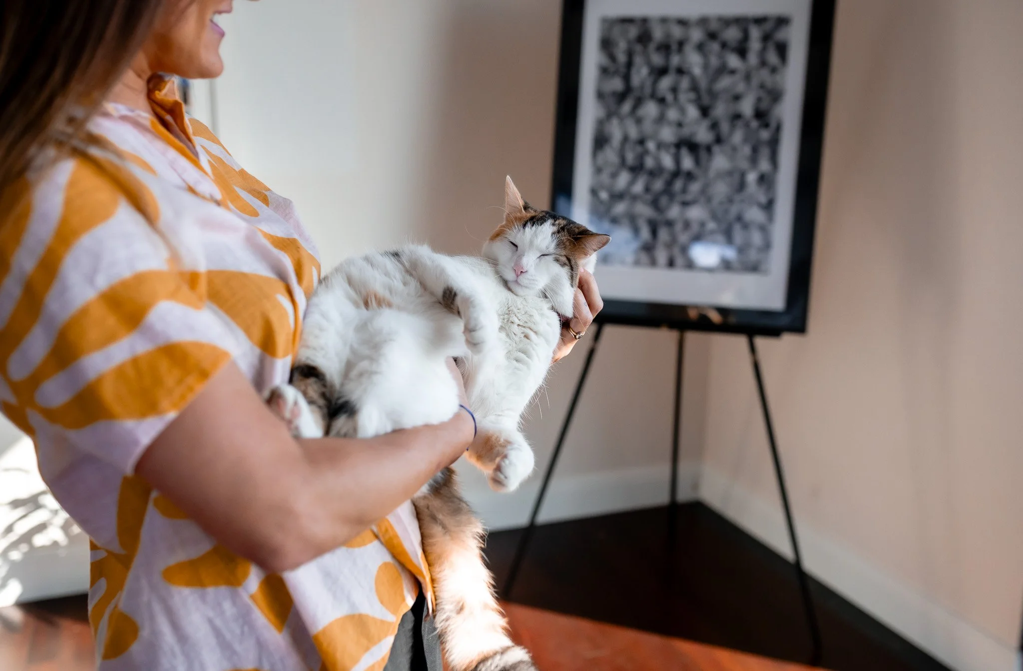 A woman holding a relaxed, sleeping cat in her arms indoors with a framed wall art in the background.