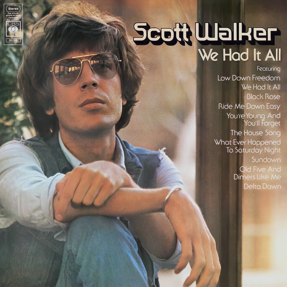 Album cover showing Scott with wavy brown hair wearing sunglasses and a denim vest, sitting with his arm resting on his knee, looking serious. The background is blurred with warm tones. Text overlay reads Scott Walker's "We Had It All."