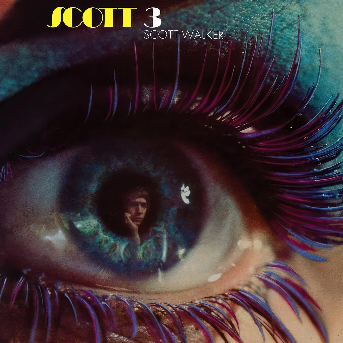 Album cover featuring a close-up of a heavily made-up female human eye with purple eyelashes, reflecting an image of Scott Walker, with text at the top reading "SCOTT 3 SCOTT WALKER."