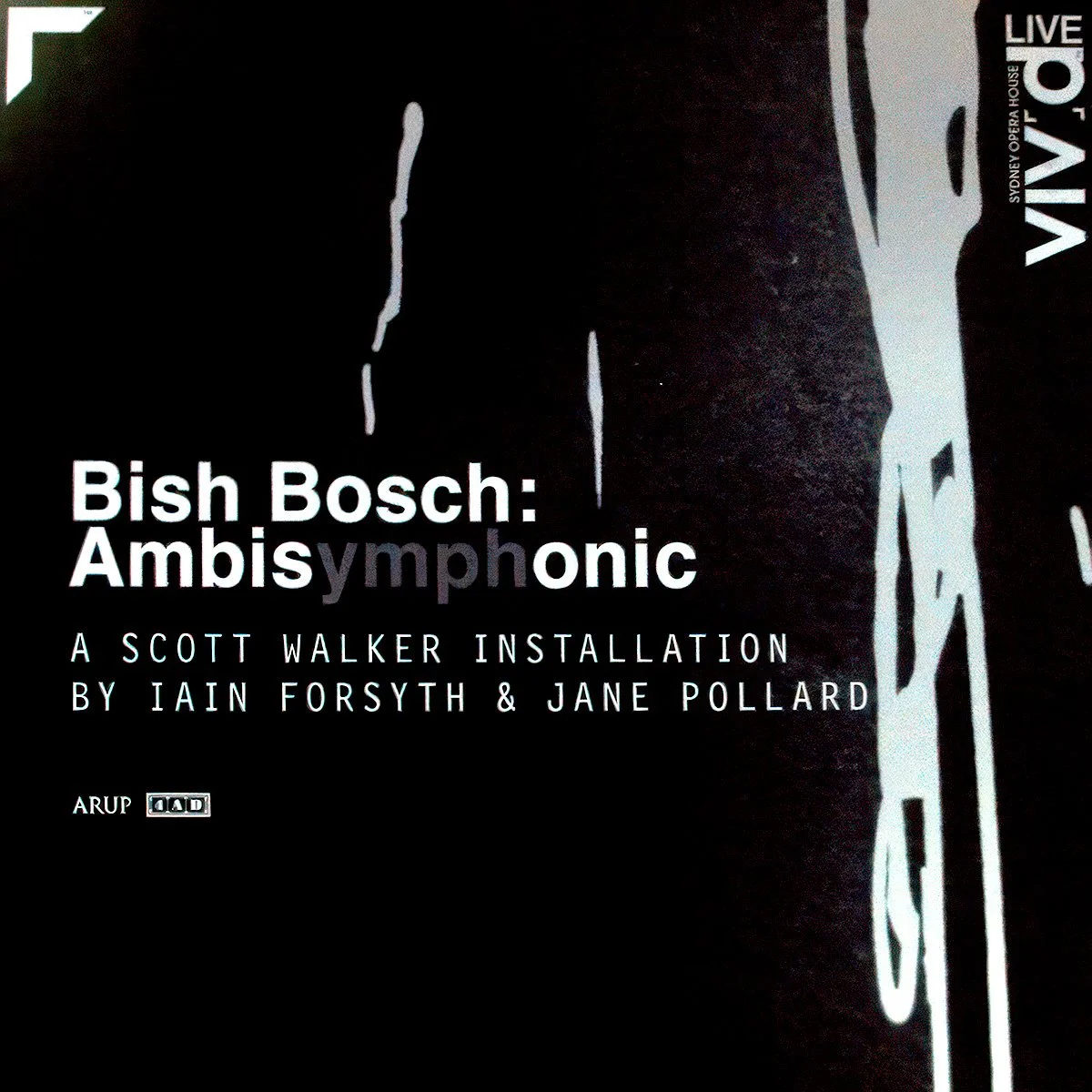 Cover of an art exhibition catalog titled "Bish Bosch: Ambisymphonic" by Scott Walker, featuring a dark abstract background with white and gray text.
