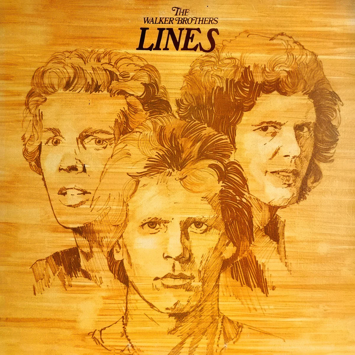 Single cover with stylised wooden plaque image with sketches of the three Walker brothers and the text 'The Walker Brothers Lines' at the top.