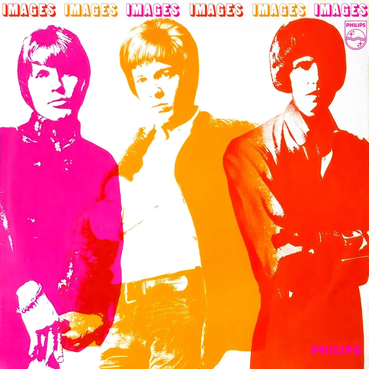 Colourful pop art style album cover featuring The Walker Brothers with different hairstyles and clothing, with the word 'IMAGES' repeated at the top in various colors and the Philips logo in the top right corner.
