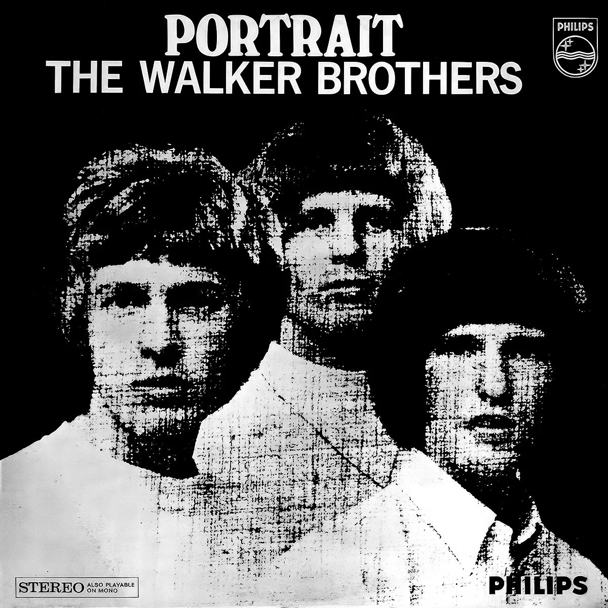 Black and white album cover of The Walker Brothers titled "Portrait" featuring stylized portraits of the three band members.
