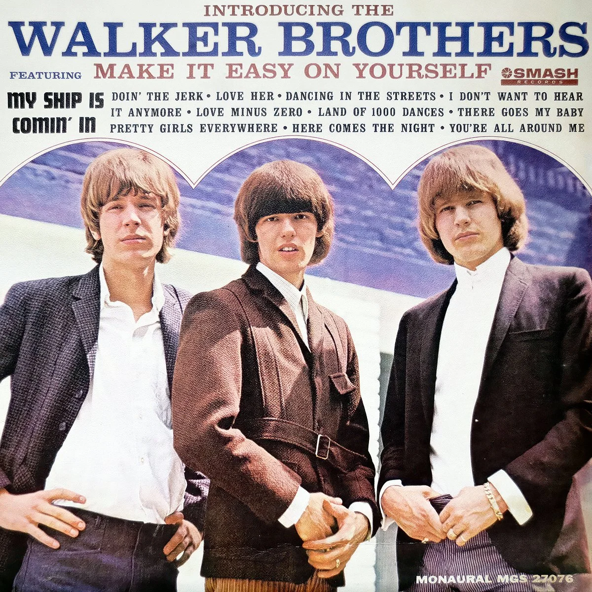 Album cover featuring The Walker Brothers, with text introducing them and song titles, and a photo of them in suits.