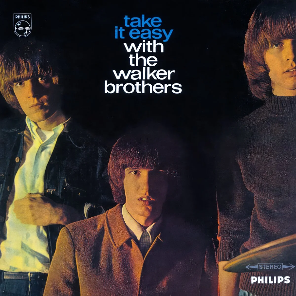 Album cover featuring The Walker Brothers with 1960s fashion and hairstyle, the text "take it easy with the walker brothers," and the Philips logo.