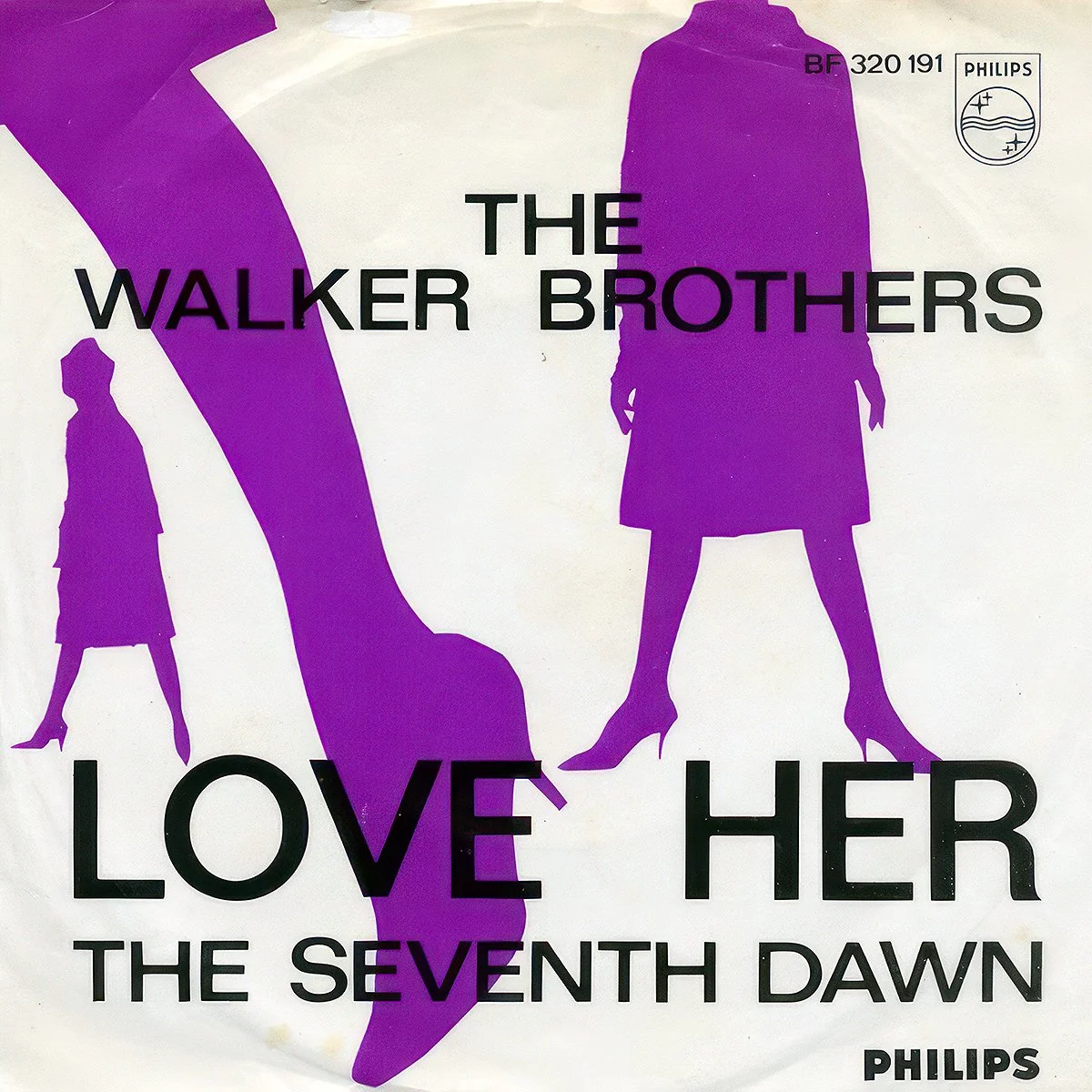 7 inch vinyl sleeve with a purple silhouettes of women with text 'The Walker Brothers Love Her The Seventh Dawn' and Phillips logo at the top right.