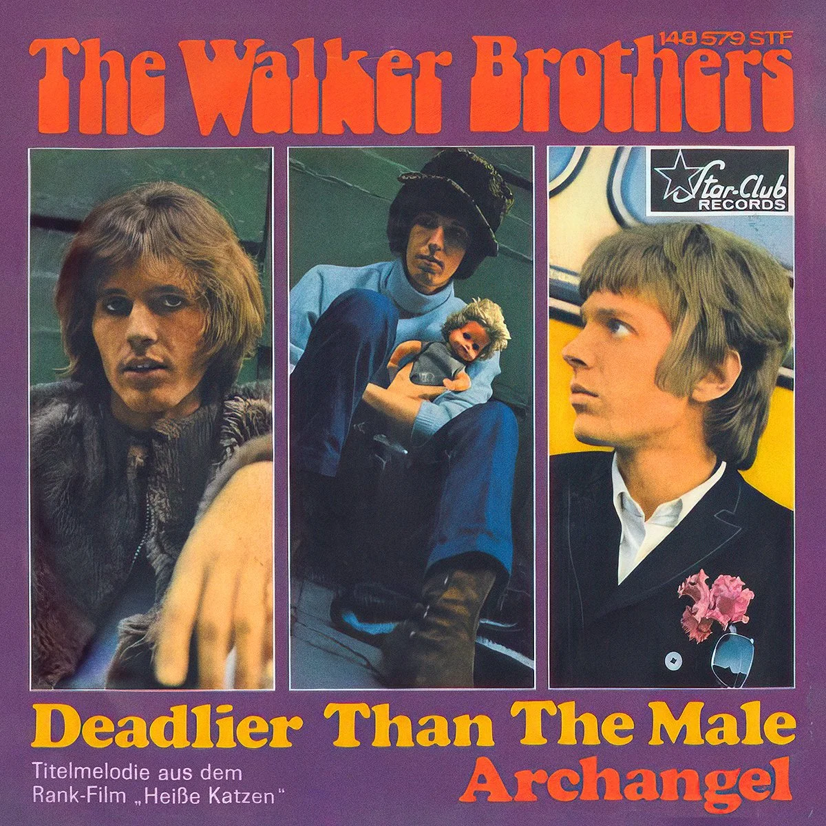 Album cover with three photos of The Walker Brothers with varying hairstyles and fashion, and text reading "The Walker Brothers" at the top and "Deadlier Than The Male" at the bottom, with additional German text and a record label logo.
