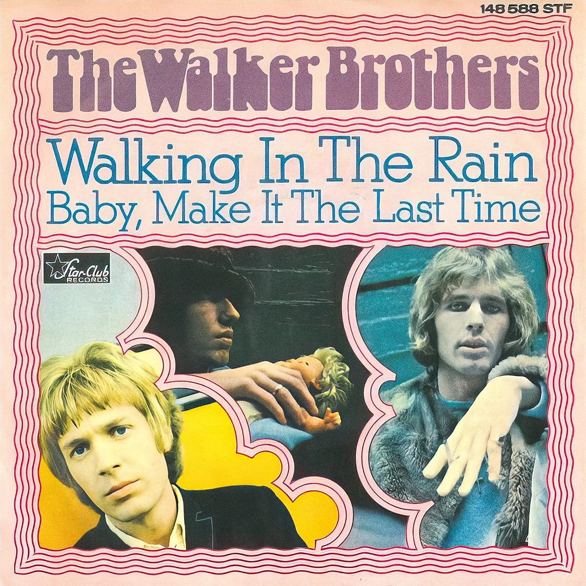 Single cover for The Walker Brothers' "Walking In The Rain," featuring images of three band members with a pink wavy border and text.