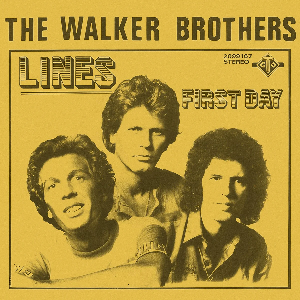 Single cover of The Walker Brothers' "Lines/First Day," featuring black and white photos of all three men on a yellow background.