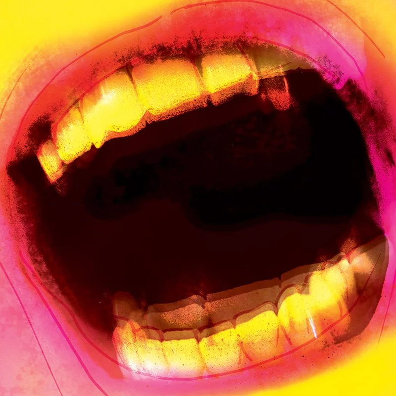 A close-up of a mouth with yellow teeth, open wide, with a rainbow-colored background and digital effects.